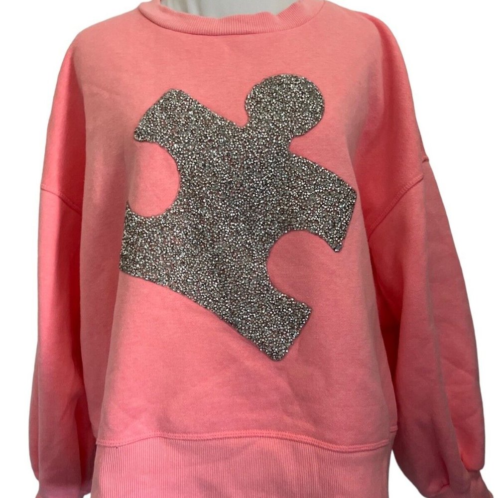 Judith March Small Puzzle Piece Pullover Sweatshirt Glitter Katie Starks Pink